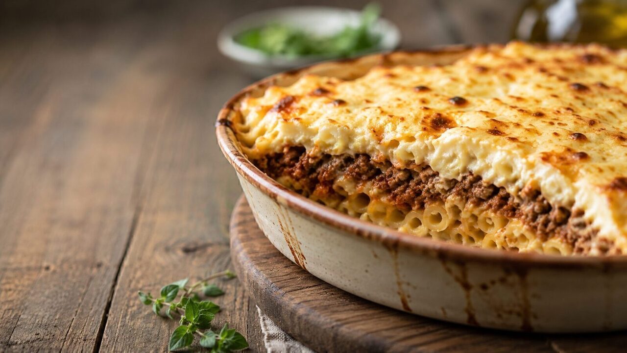Pastitsio griechischer Nudelauflauf mit Hackfleischsauce und Béchamel