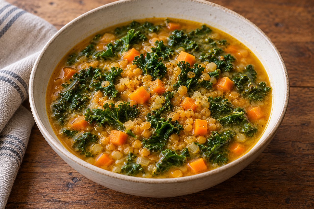 Sopa naranja de lentejas con tiras verde oscuro de col rizada y pequeños dados de zanahoria