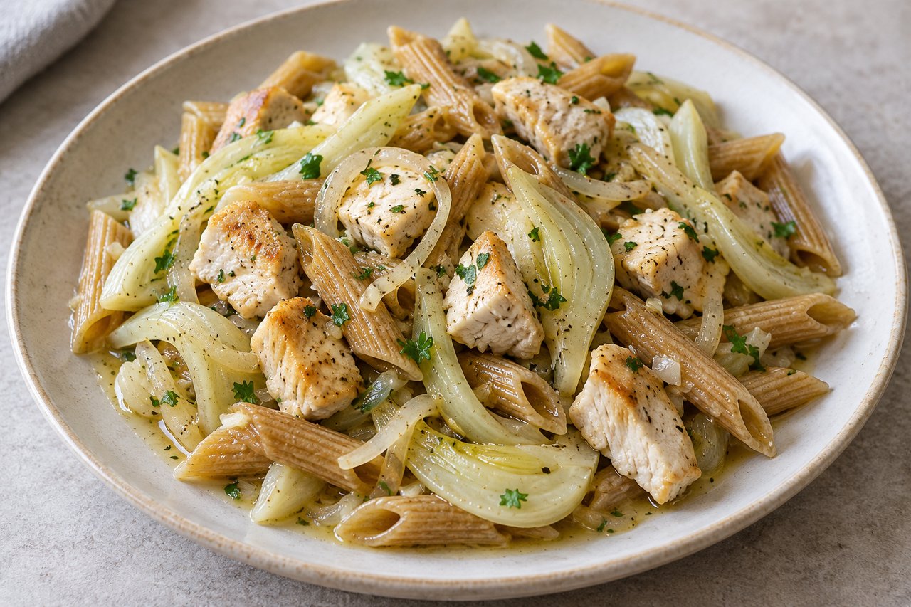 Penne integrales marrones con tiras claras de hinojo, dados de pollo hechos y perejil