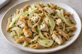 Penne complètes brunes avec fines lanières de fenouil, dés de poulet cuits et persil