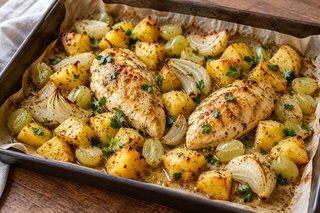 Gegarte Hähnchenfilets mit goldenen Kartoffelstücken, Zwiebelspalten, halbierten hellen Trauben und Petersilie