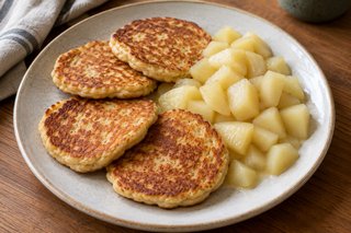 Tortitas pequeñas doradas de avena y quark junto a dados de pera pelada tierna, sin sirope