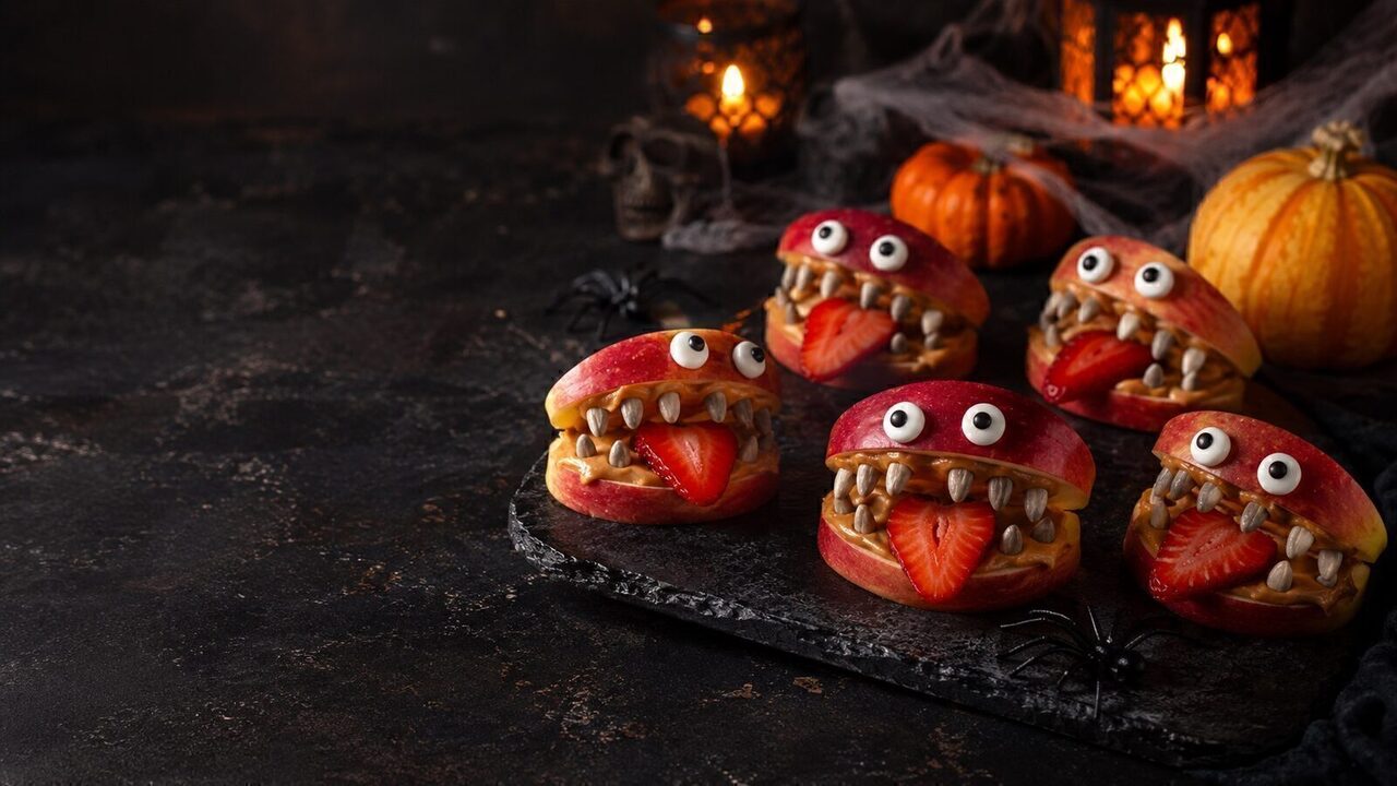 Apfel-Monster mit Erdnussbutter als kreatives Halloweenrezept für Partybuffet, Familienabend und gruselige Snacks