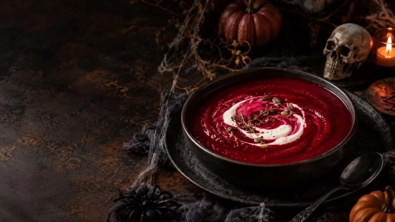 Blutrote Rote-Bete-Suppe als kreatives Halloweenrezept für Partybuffet, Familienabend und gruselige Snacks