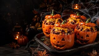 Gefüllte Paprika-Gesichter als kreatives Halloweenrezept für Partybuffet, Familienabend und gruselige Snacks