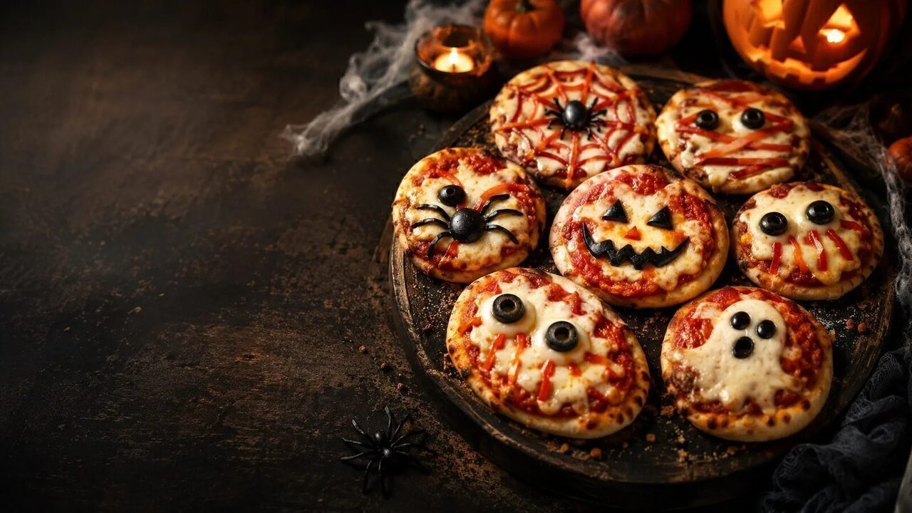Gruselige Fingerfood-Pizza als kreatives Halloweenrezept für Partybuffet, Familienabend und gruselige Snacks