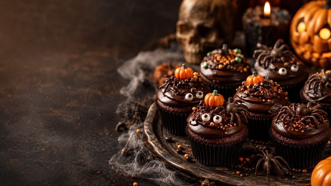 Halloween-Cupcakes mit Schokohaube als kreatives Halloweenrezept für Partybuffet, Familienabend und gruselige Snacks
