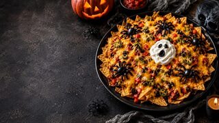 Halloween-Nachos mit Käse als kreatives Halloweenrezept für Partybuffet, Familienabend und gruselige Snacks