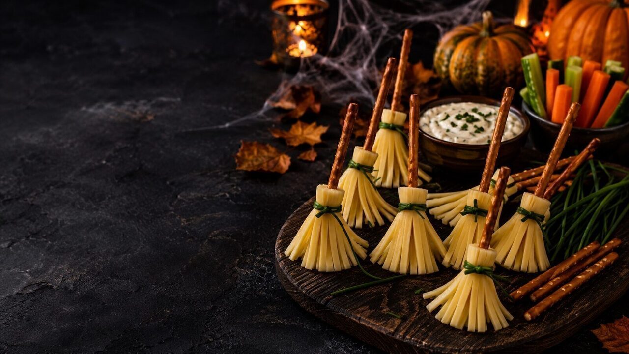 Hexenbesen-Snacks mit Käse als kreatives Halloweenrezept für Partybuffet, Familienabend und gruselige Snacks