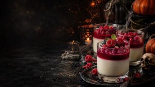 Himbeer-Panna-Cotta im Glas als kreatives Halloweenrezept für Partybuffet, Familienabend und gruselige Snacks