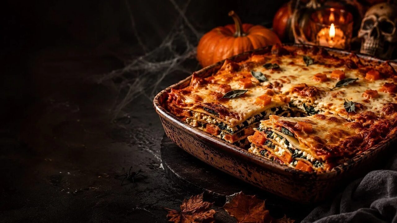 Kürbis-Lasagne mit Spinat als kreatives Halloweenrezept für Partybuffet, Familienabend und gruselige Snacks