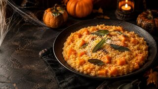 Kürbis-Risotto mit Salbei als kreatives Halloweenrezept für Partybuffet, Familienabend und gruselige Snacks