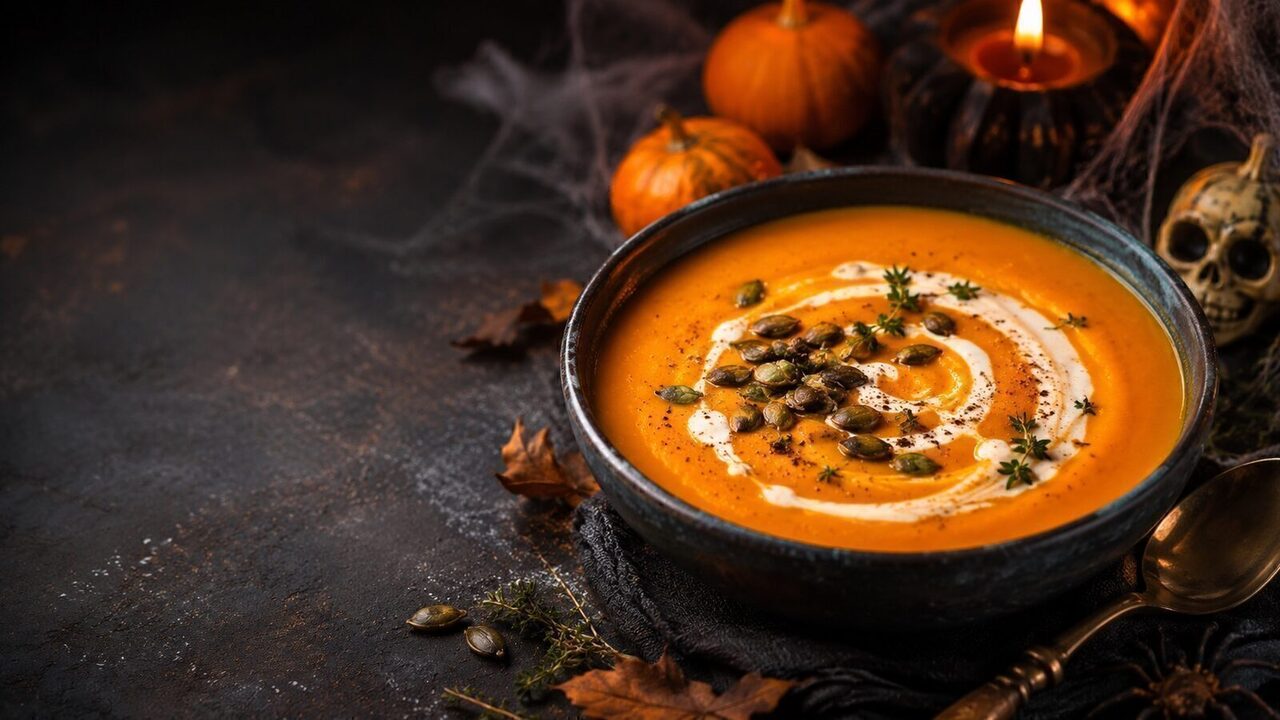 Halloween-Kürbissuppe mit Kokos als kreatives Halloweenrezept für Partybuffet, Familienabend und gruselige Snacks