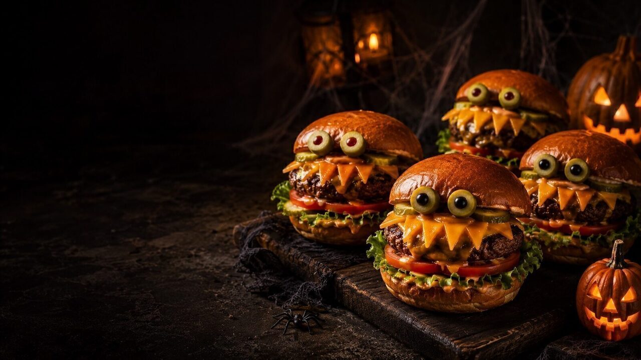 Monster-Burger mit Cheddar als kreatives Halloweenrezept für Partybuffet, Familienabend und gruselige Snacks