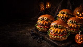 Monster-Burger mit Cheddar als kreatives Halloweenrezept für Partybuffet, Familienabend und gruselige Snacks