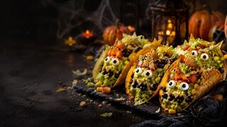 Monster-Tacos mit Guacamole als kreatives Halloweenrezept für Partybuffet, Familienabend und gruselige Snacks