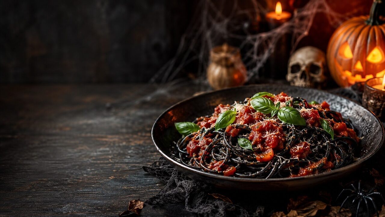 Schwarze Spaghetti mit Tomatensauce als kreatives Halloweenrezept für Partybuffet, Familienabend und gruselige Snacks