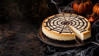 Spinnennetz-Käsekuchen als kreatives Halloweenrezept für Partybuffet, Familienabend und gruselige Snacks