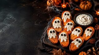 Süßkartoffel-Geister aus dem Ofen als kreatives Halloweenrezept für Partybuffet, Familienabend und gruselige Snacks