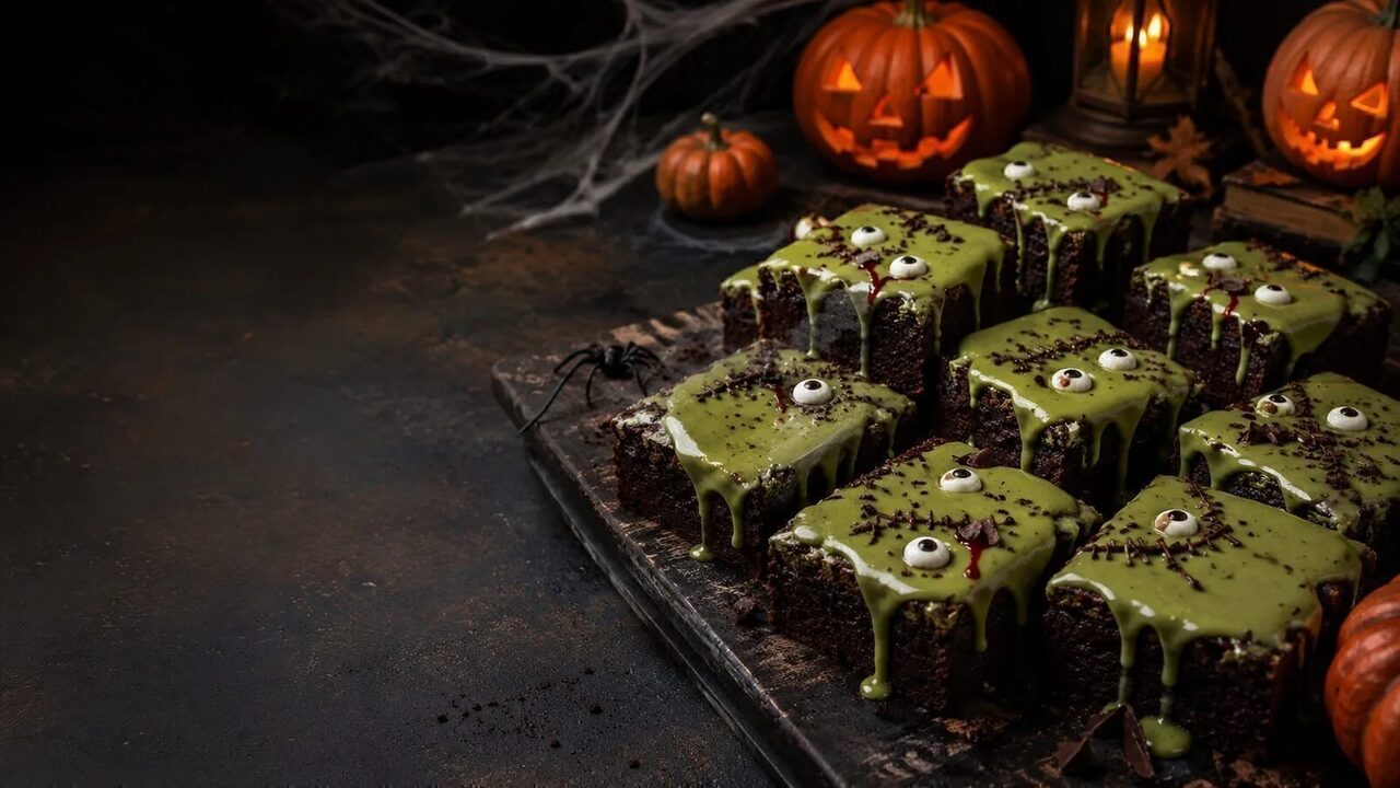 Zombie-Brownies als kreatives Halloweenrezept für Partybuffet, Familienabend und gruselige Snacks