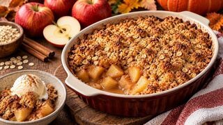 Warmer Apfel-Crumble mit goldbraunen Hafer-Mandel-Streuseln und Zimt in einer Auflaufform