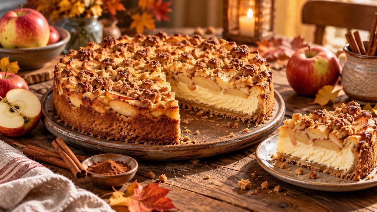 pezzi cheesecake alle mele con cremoso ripieno al quark, fettine di mela e pennelli dorati di cannella