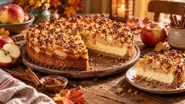Piece apple cheesecake with creamy quark filling, apple clefts and golden brown cinnamon sprinkles
