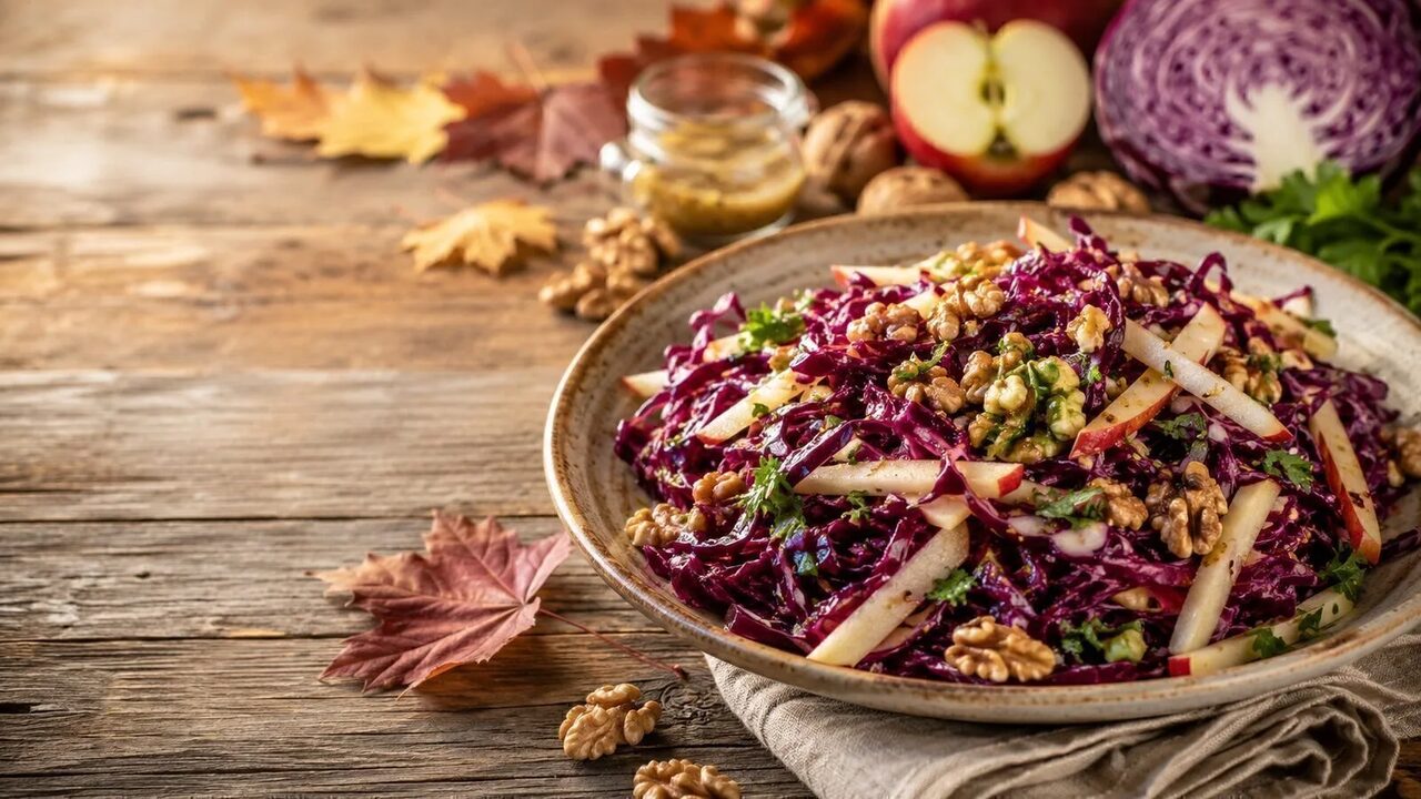 Apfel-Rotkohl-Salat als wärmendes Herbstrezept mit saisonalen Zutaten und kräftigen Aromen