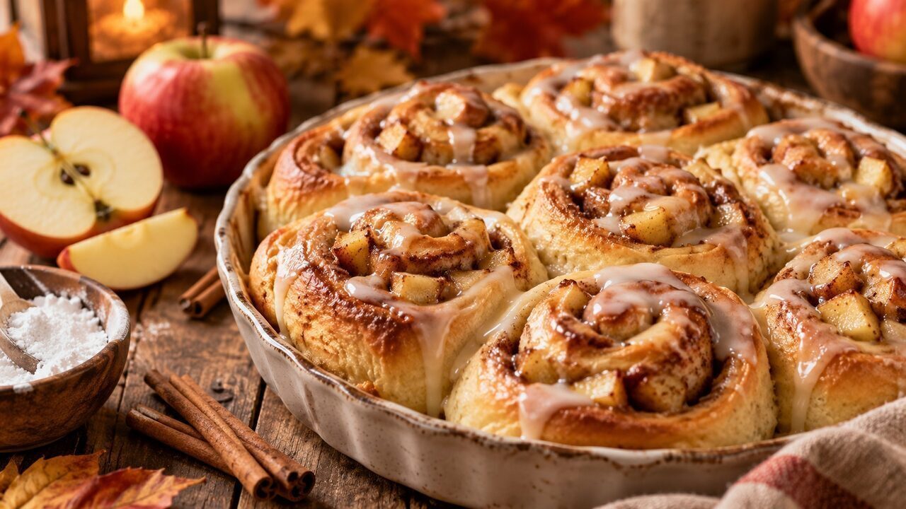 Fluffige Apfel-Zimtschnecken mit sichtbaren Apfelstückchen und dünnem Zitronenguss