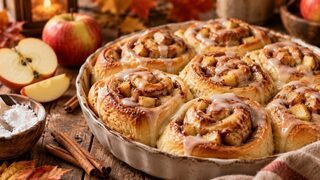 Fluffige Apfel-Zimtschnecken mit sichtbaren Apfelstückchen und dünnem Zitronenguss