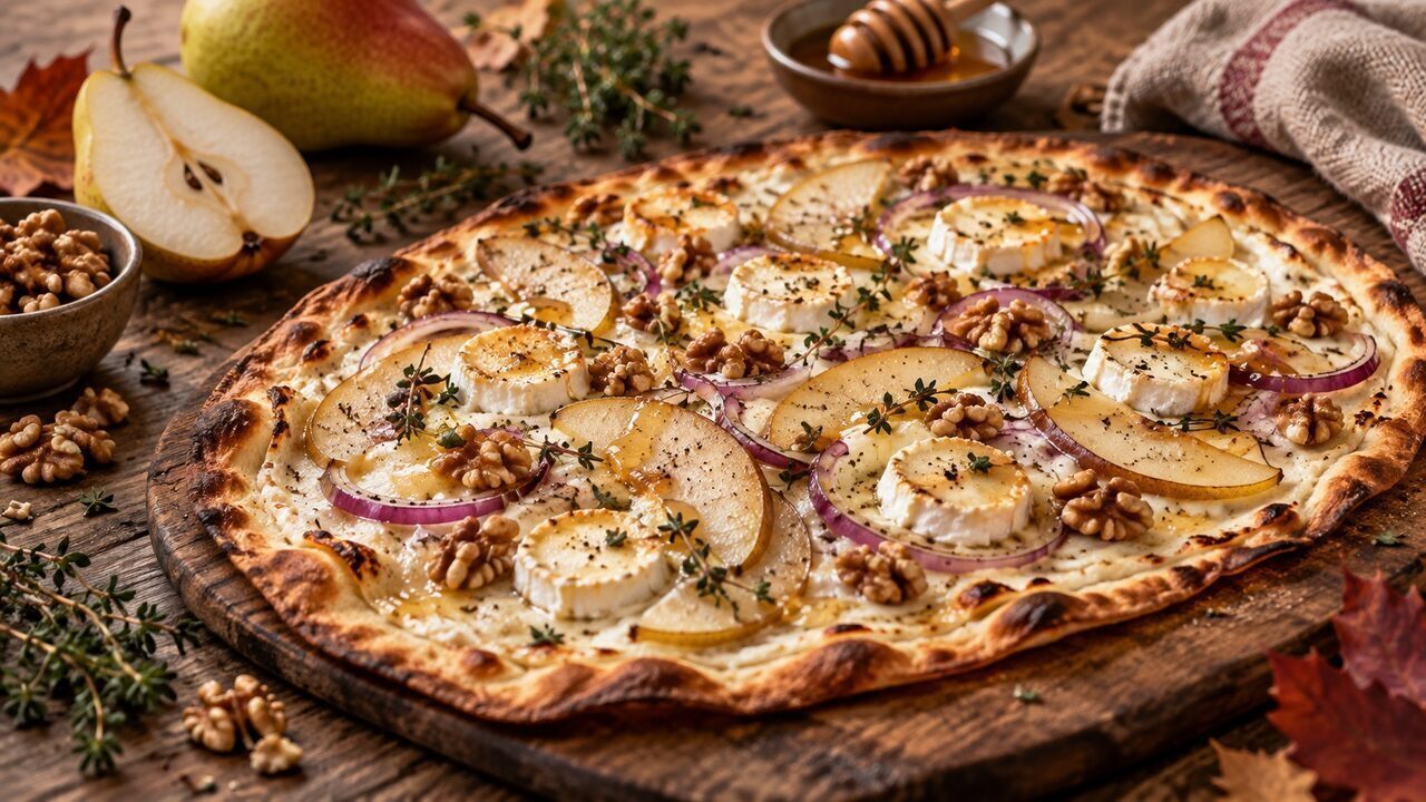 Flammkuchen alle pere croccante con formaggio di capra, cipolle rosse, noci comuni, miele e timo