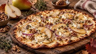 Knuspriger Birnen-Flammkuchen mit Ziegenkäse, roten Zwiebeln, Walnüssen, Honig und Thymian
