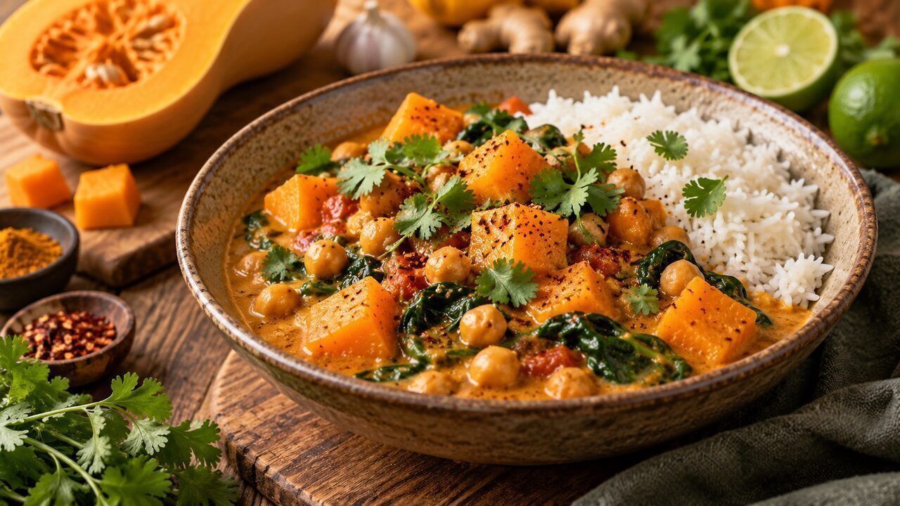 Butternut-Curry mit Kichererbsen, Spinat, Kokossauce und Koriander neben Basmatireis