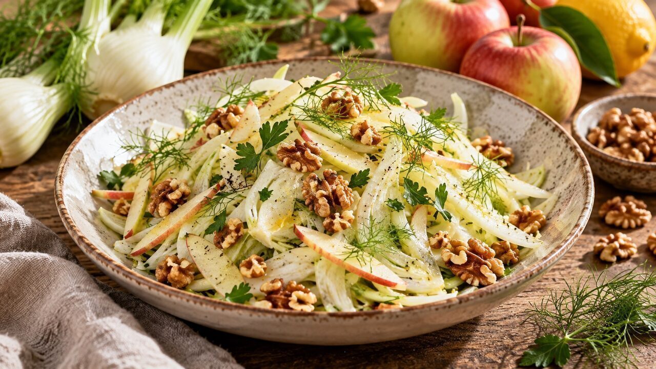 Fresh fennel apple salad with roasted walnuts, Parsley and fine fennel slices