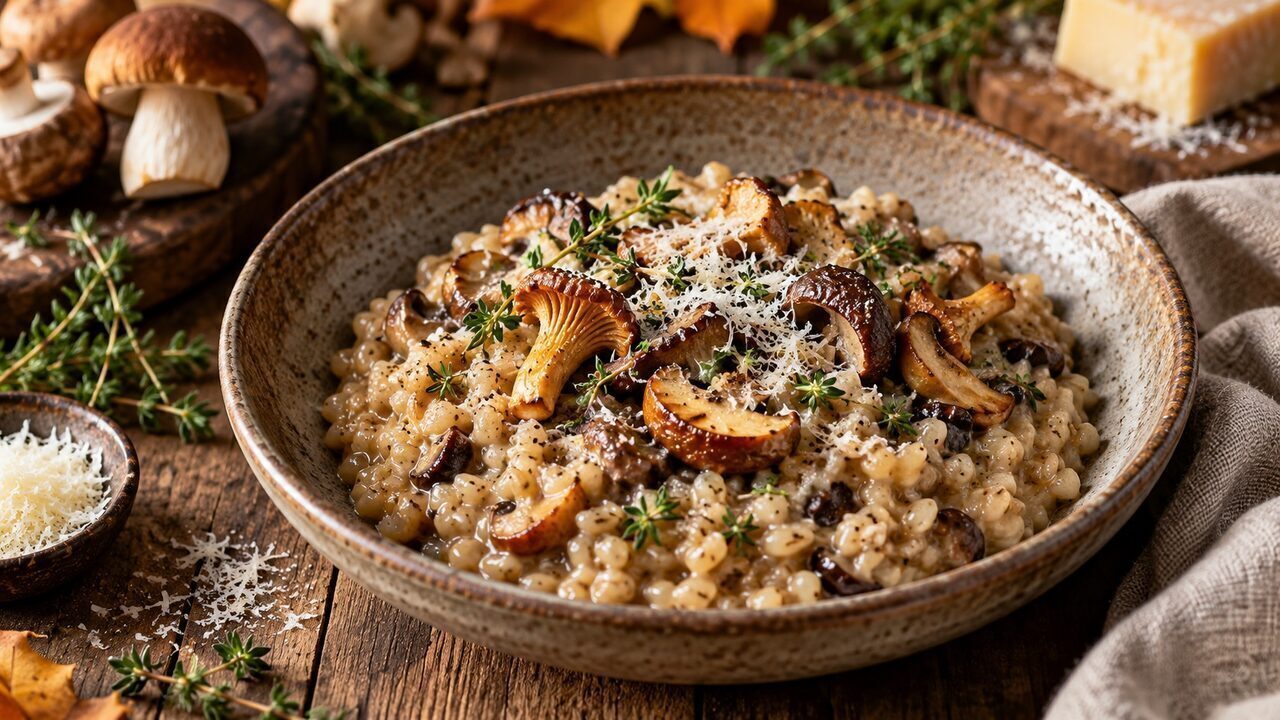 orzotto Cremoso con funghi fritti dorati, parmigiano e timo fresco