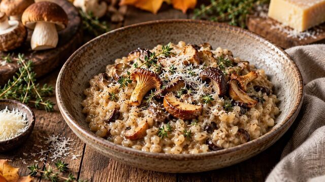 Creamy pearl barley risotto with golden brown fried mushrooms, parmesan and fresh thyme