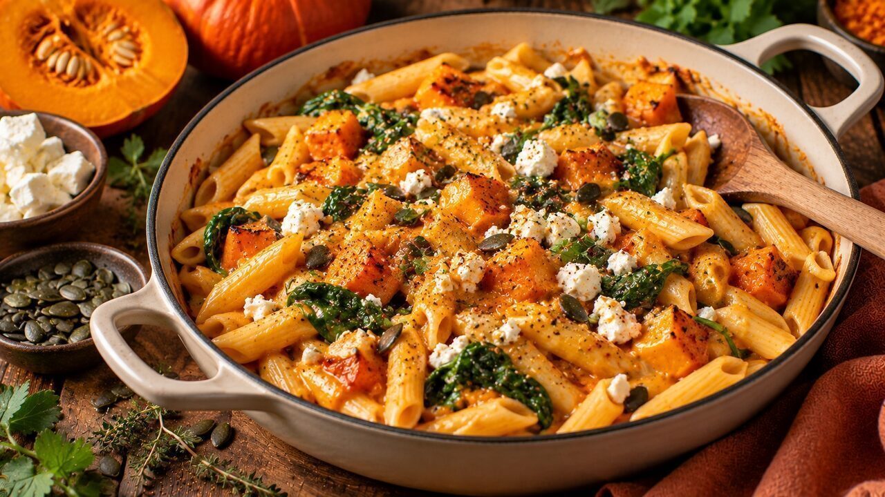 Cremoso zucca-Feta-Pasta con cubetti di hokkaido, spillato per bambini e timo in un piatto profondo