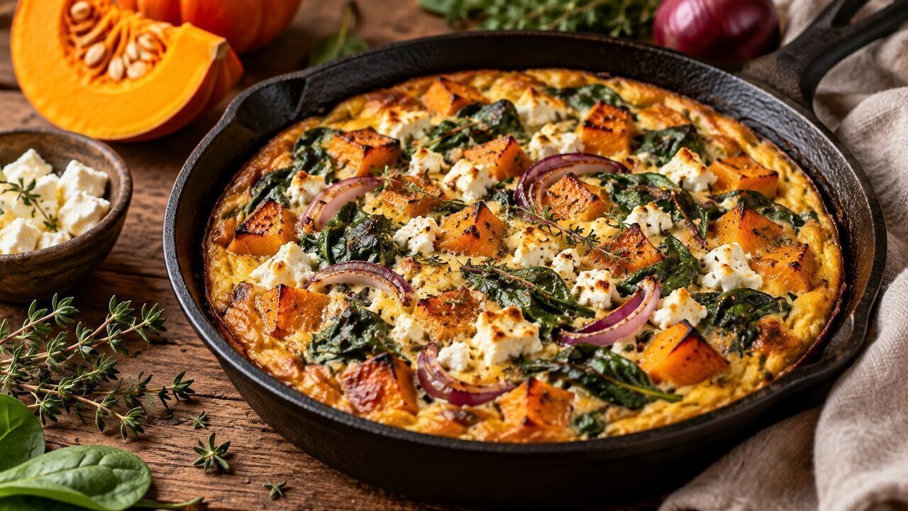 Gold yellow pumpkin frittata with feta, spinach and Parsley in a dark pan