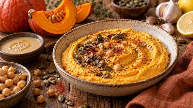 Creamy orange pumpkin hummus with Chickpeas, pumpkin seeds and olive oil in one peel