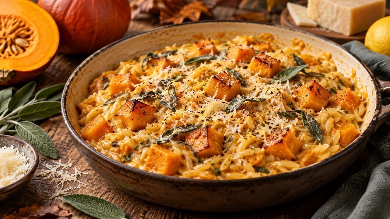 Creamy pumpkin-Orzo pan with Hokkaido cubes, Parmesan, sage and lemon zest