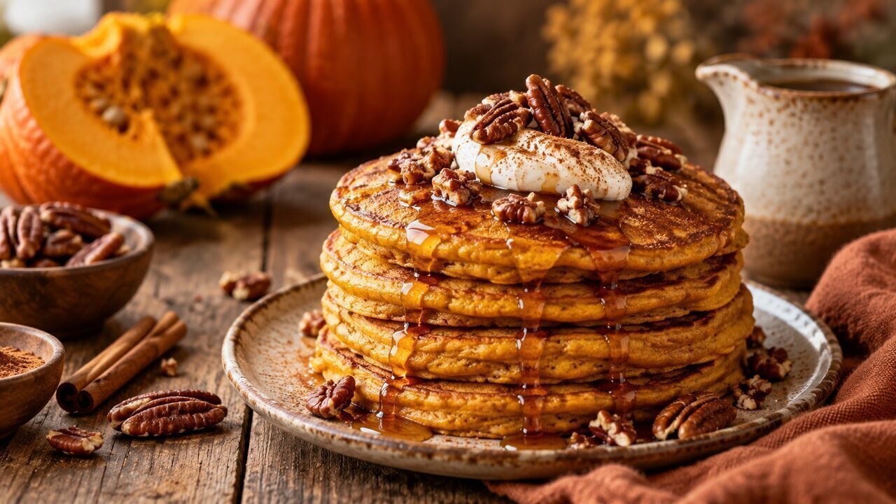 Stapel fluffiger Kürbis-Pancakes mit Zimt, Ahornsirup, Joghurt und gerösteten Pekannüssen