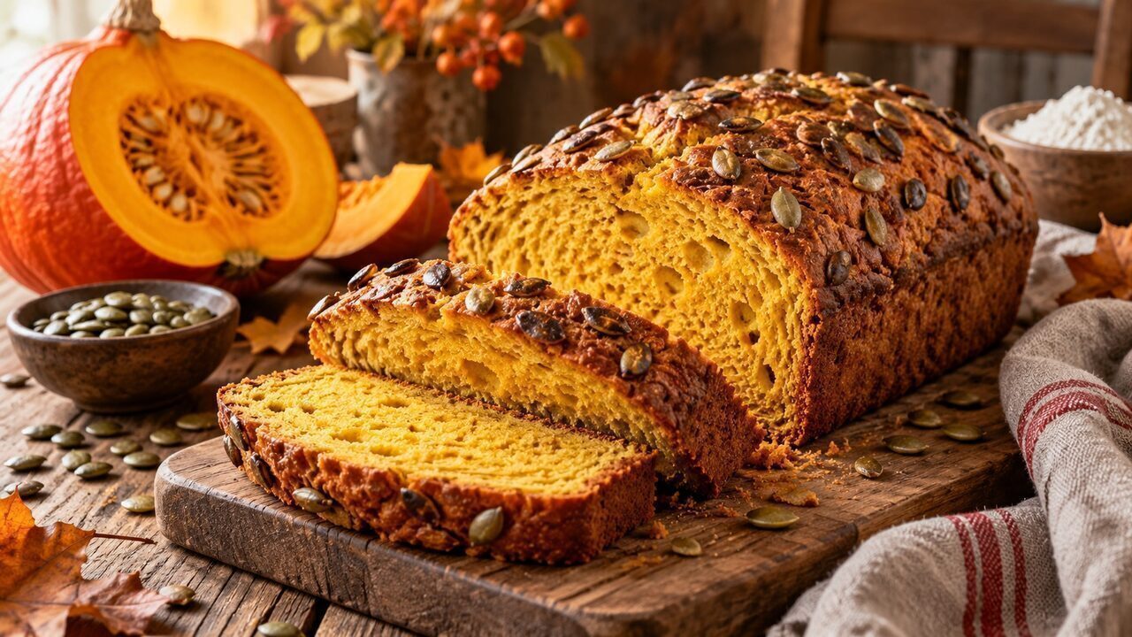 Aufgeschnittenes goldgelbes Kürbisbrot mit Hokkaido und gerösteten Kürbiskernen auf einem Holzbrett