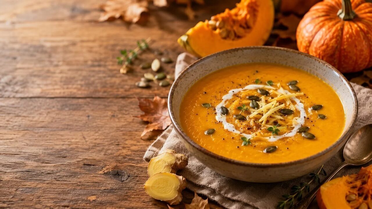 Kürbiscremesuppe mit Ingwer als wärmendes Herbstrezept mit saisonalen Zutaten und kräftigen Aromen