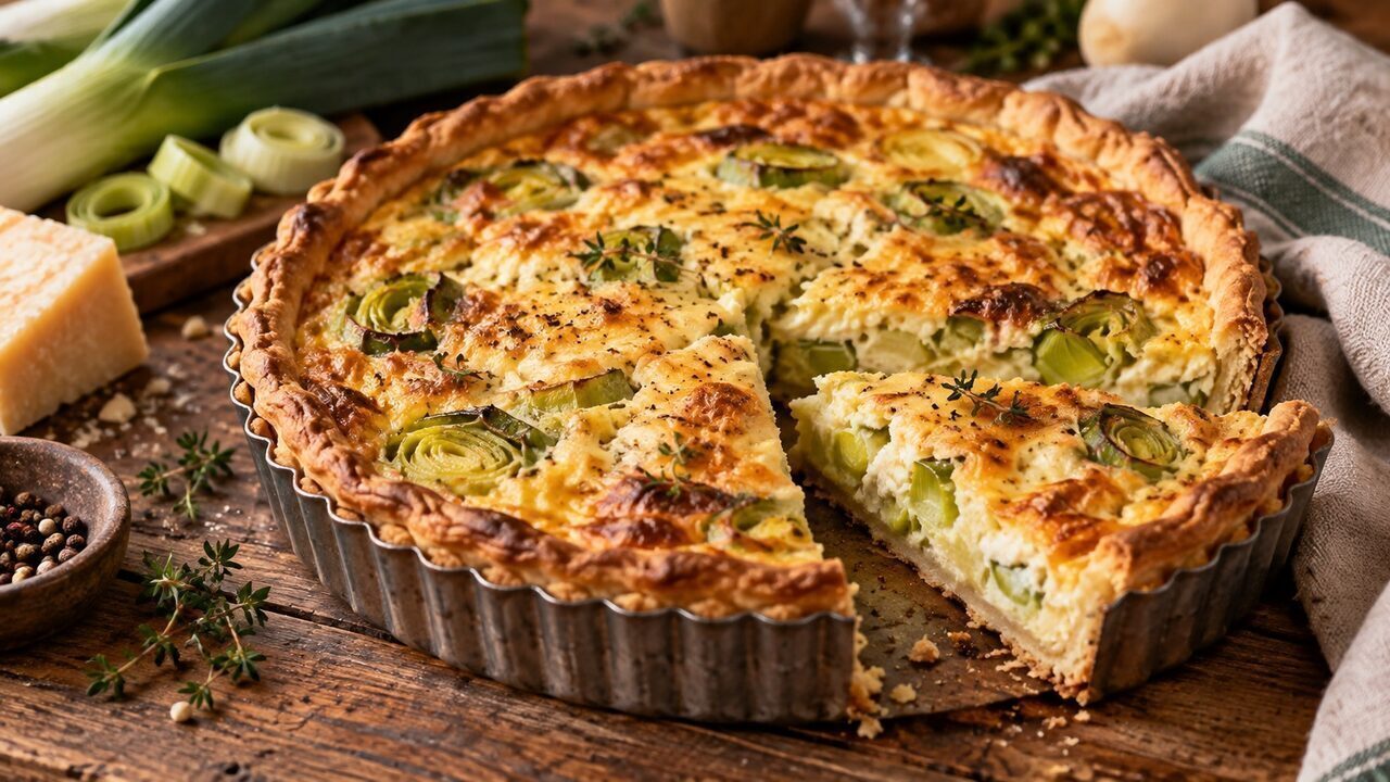 Tartara di formaggio Porro con anelli visibili di lampo e crosta speziata di formaggio in una forma di tarte