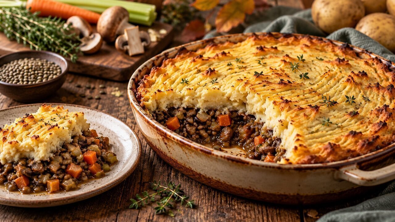 Vegetarischer Linsen-Pilz-Shepherd’s Pie mit goldbraunem Kartoffelpüree in einer Auflaufform