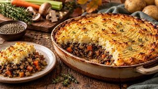 Vegetarischer Linsen-Pilz-Shepherd’s Pie mit goldbraunem Kartoffelpüree in einer Auflaufform