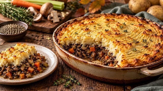 Vegetarischer Linsen-Pilz-Shepherd’s Pie mit goldbraunem Kartoffelpüree in einer Auflaufform