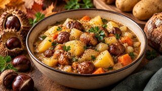 Sämiger Maronen-Kartoffel-Eintopf mit Lauch, weißen Bohnen, Majoran und Petersilie