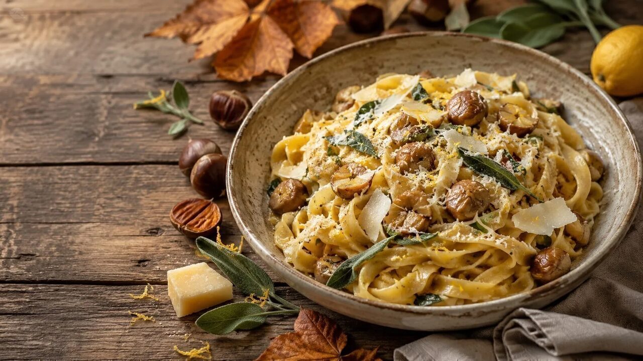 Maronen-Pasta mit Salbei als wärmendes Herbstrezept mit saisonalen Zutaten und kräftigen Aromen
