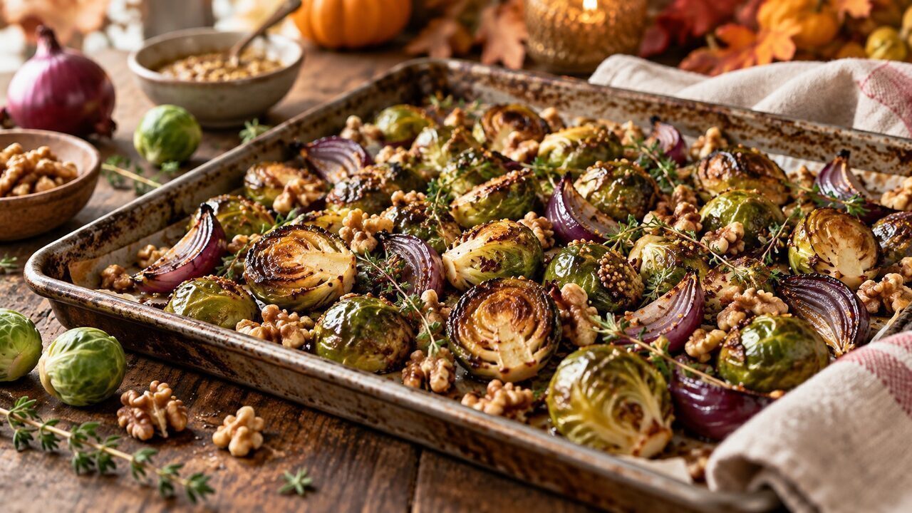 Gerösteter Ofen-Rosenkohl mit roten Zwiebeln, Walnüssen und glänzender Senfglasur auf einem Blech